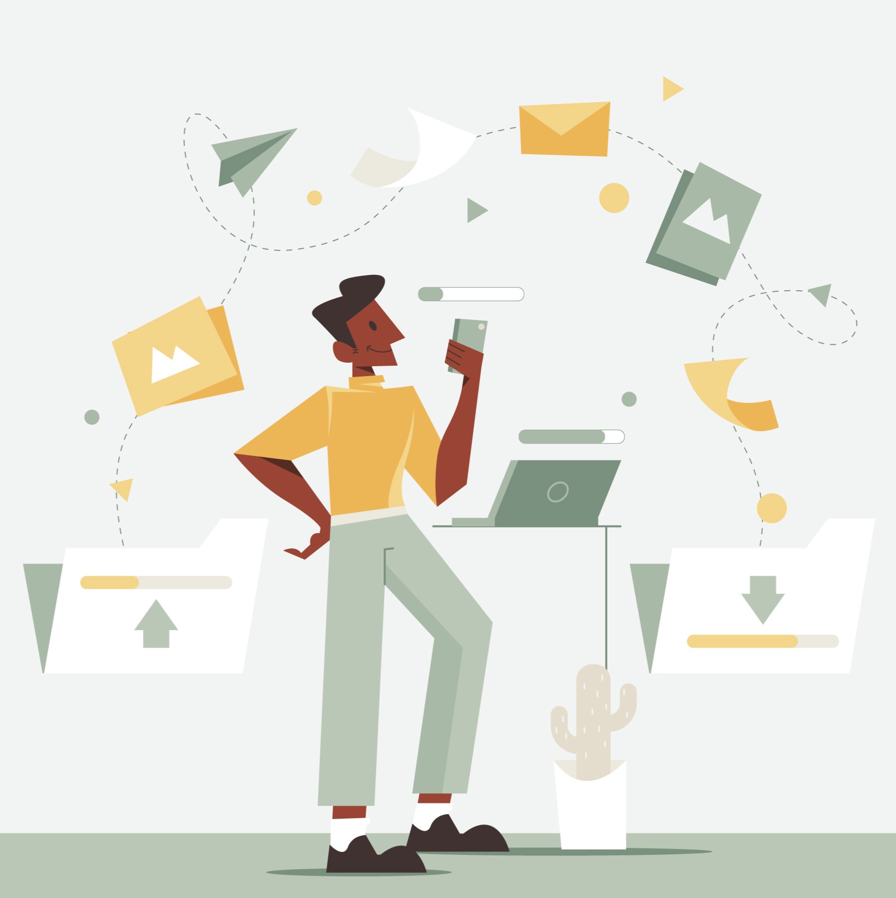 Personas pequeñas gestionando iconos de correo electrónico en un flujo de trabajo digital - Automatización empresarial Área F5