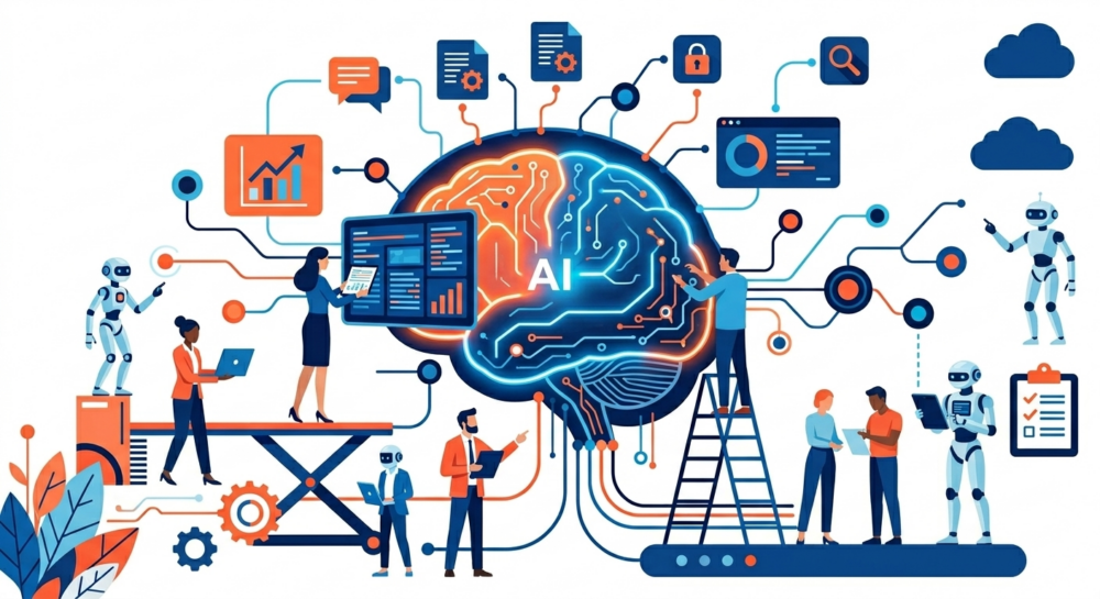 Diagrama conceptual de un ecosistema de inteligencia artificial con interacción humana y robótica